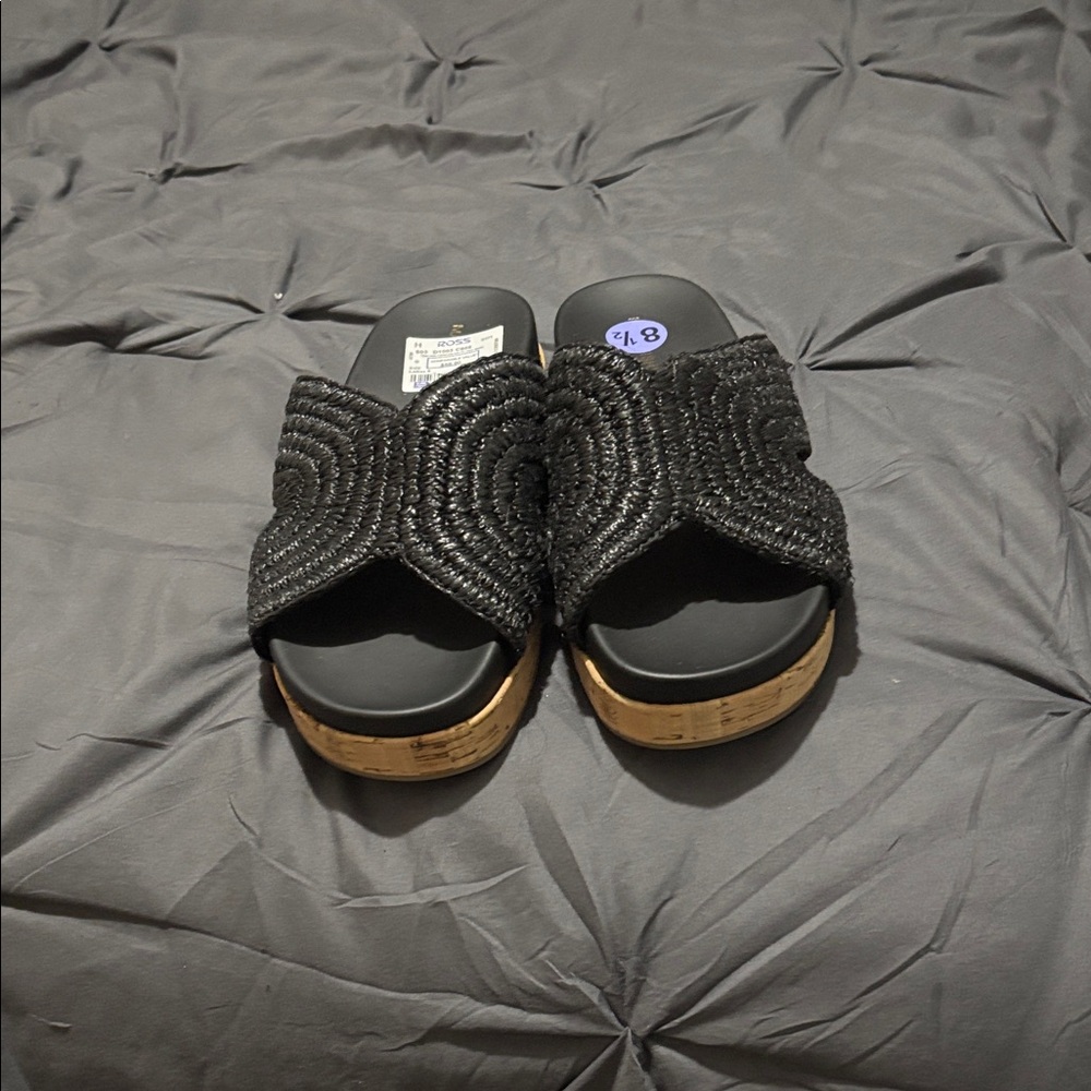 Marc Fisher Black Woven Cork-Trim Slide Mules